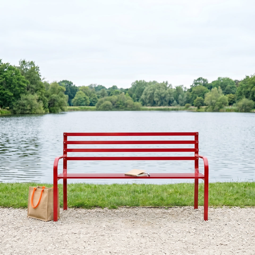 Clever Metal 3 Seater Garden Bench for Outdoor Park - (Red)