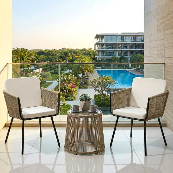 Rapid Outdoor Patio Seating Set 2 Chairs and 1 Table Set (Cream) Braided & Rope