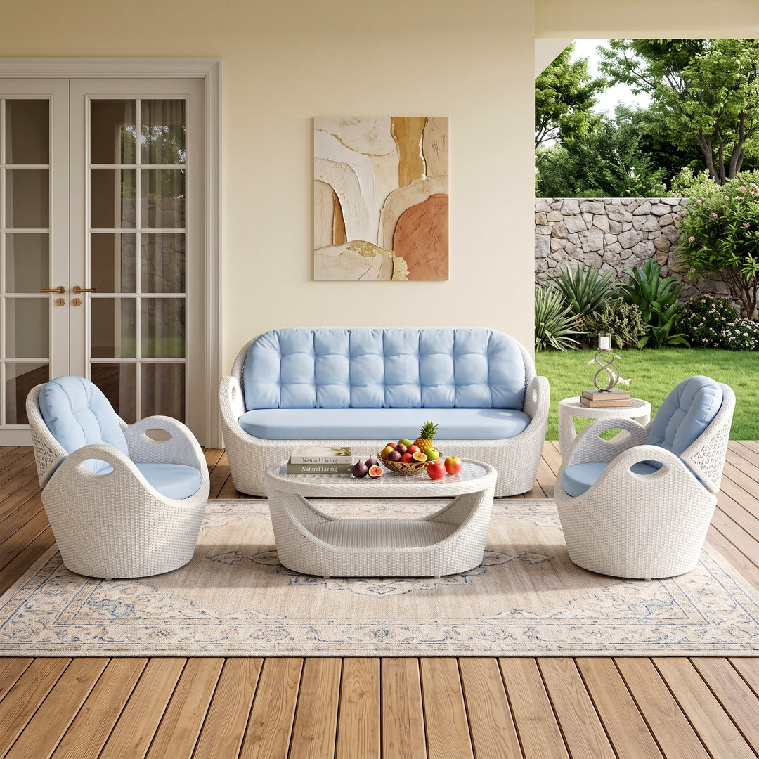 Alush Outdoor Sofa Set 3 Seater , 2 Single seater and 1 Center Table (White)