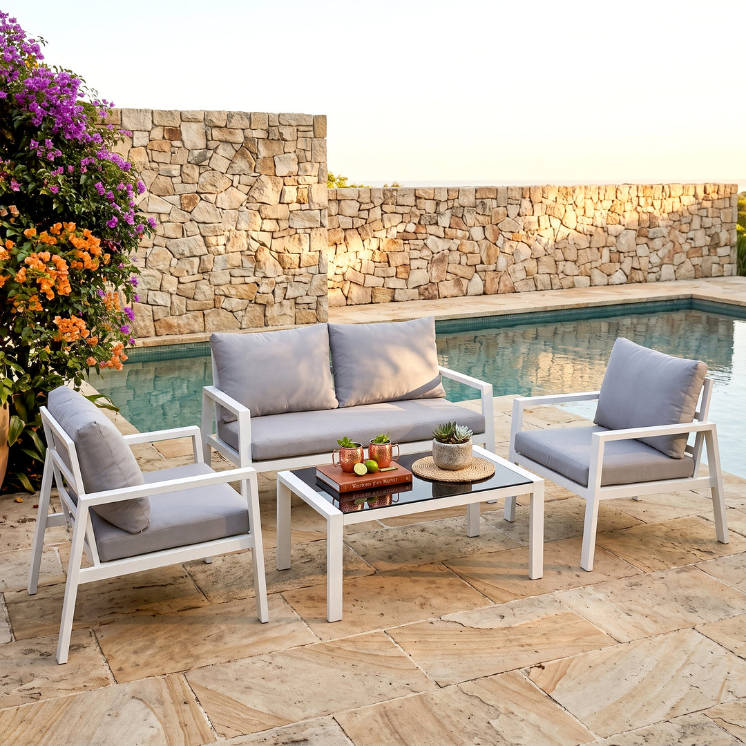 Dona Outdoor Sofa Set 2 Seater, 2 Single seater and 1 Center Table (White + Grey)