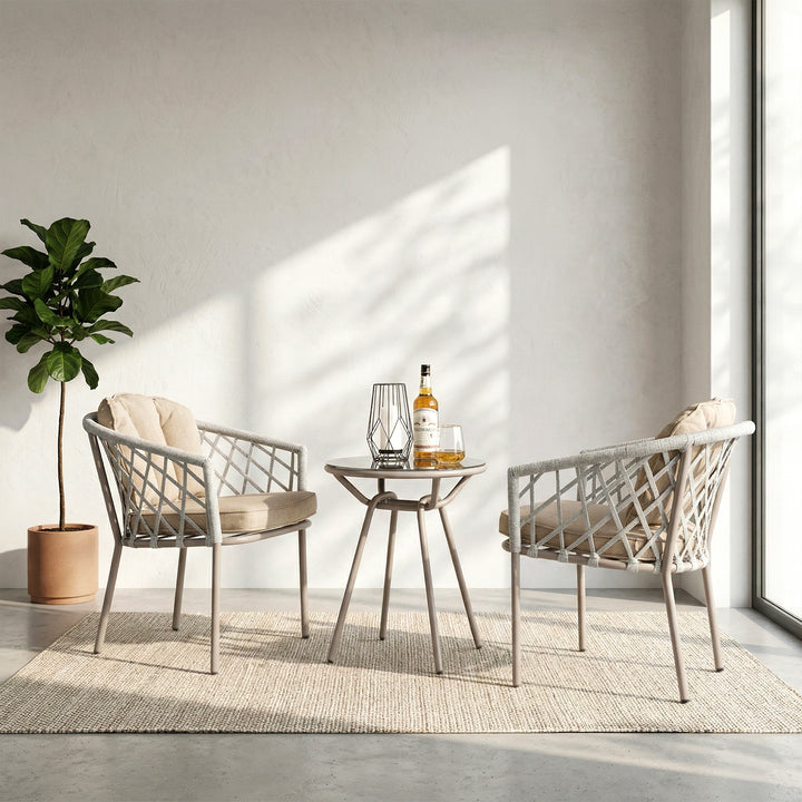 Surfer Outdoor Patio Seating Set 2 Chairs and 1 Table Set (Grey) Braided & Rope