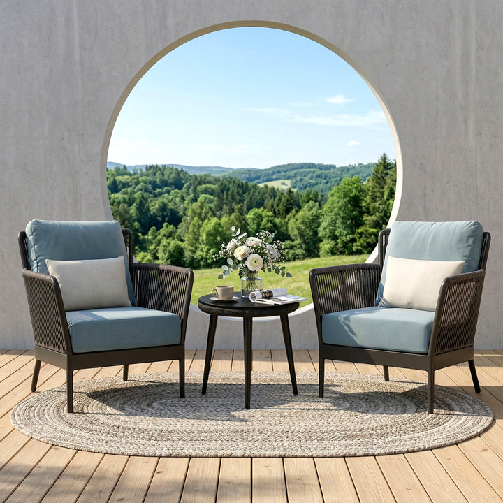 Conti Outdoor Patio Seating Set 2 Chairs and 1 Table Set (Grey) Braided & Rope