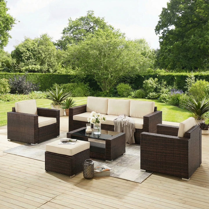 Jovis Outdoor Garden Balcony Sofa Set 3 Seater, 2 Single seater With 1 Ottoman and 1 Center Table Set (Brown)