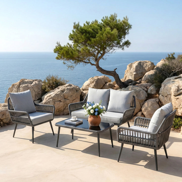 Alveré Outdoor Sofa Set 2 Seater, 2 Single seater and 1 Center Table (Grey) Braid & Rope