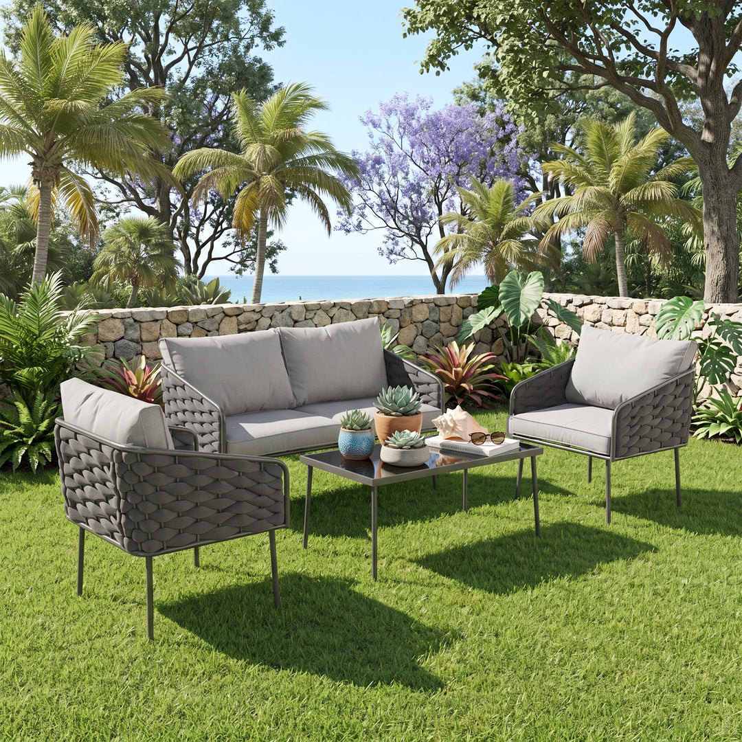 Mirra Outdoor Garden Balcony Sofa Set 2 Seater , 2 Single Seater 1 Center Table Set (Grey) Braided and Rope