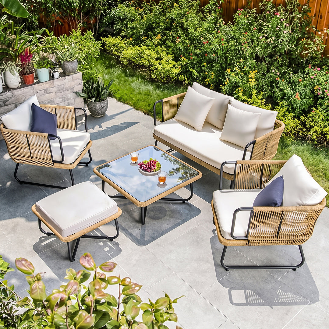 Elix Outdoor Sofa Set 2 Seater, 2 Single seater and 1 Center Table with ottoman (Beige) Braided & Rope