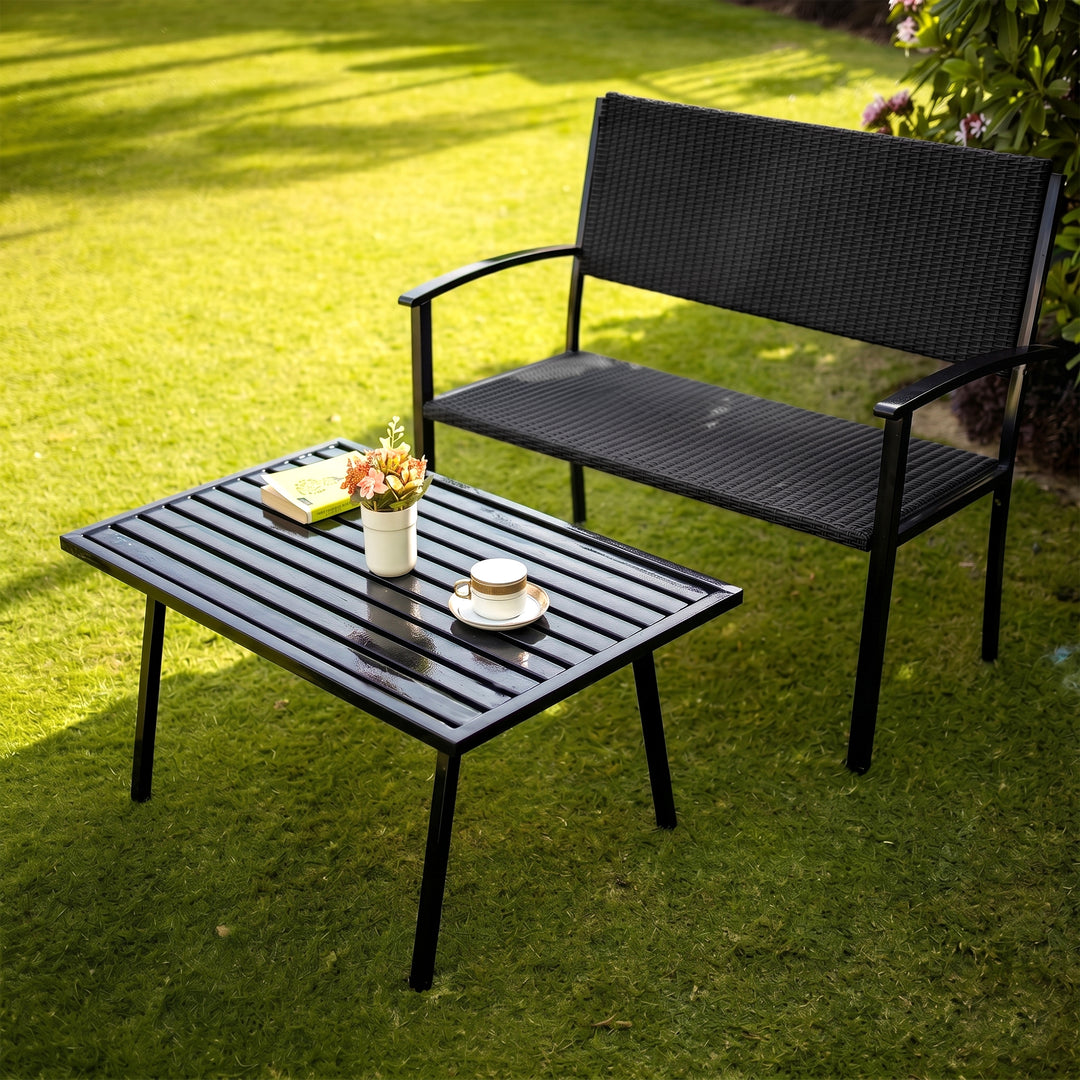 Viola Wicker 2 Seater and 1 Table Garden Bench for Outdoor Park - (Black)