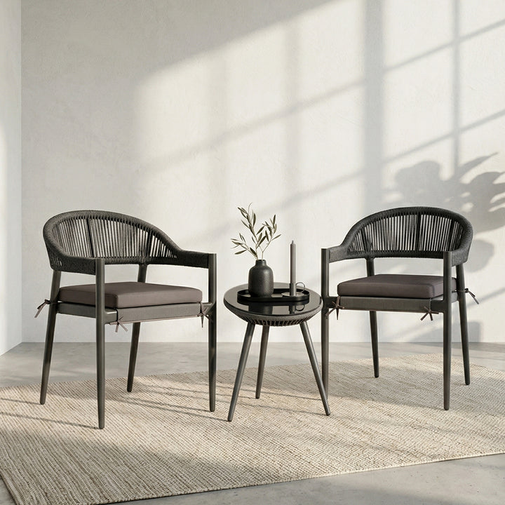 Brila Outdoor Patio Seating Set 2 Chairs and 1 Table Set (Black) Braided & Rope