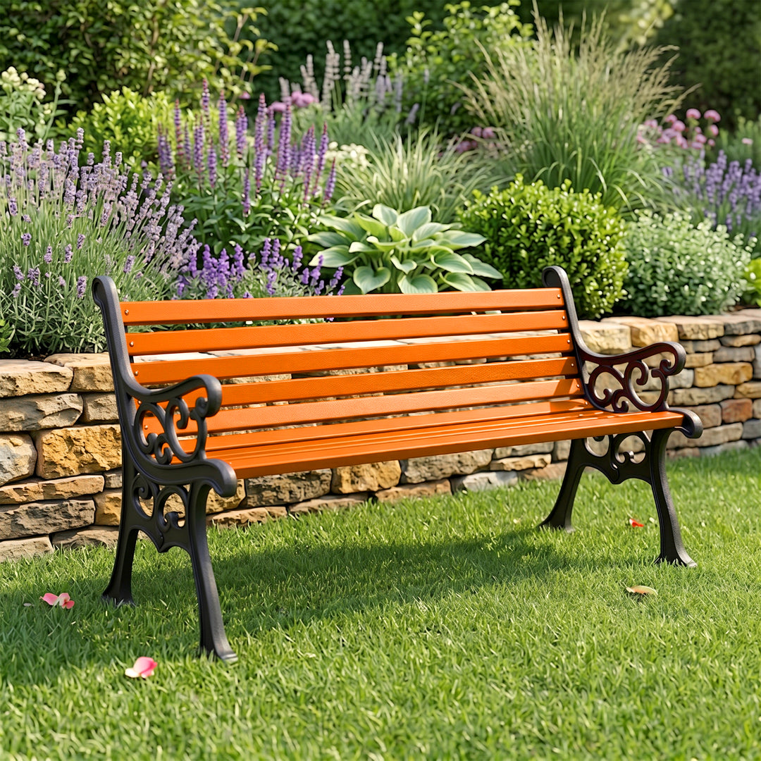 Crafty Cast Iron 3 Seater Garden Bench for Outdoor Park - (Black + Orange)