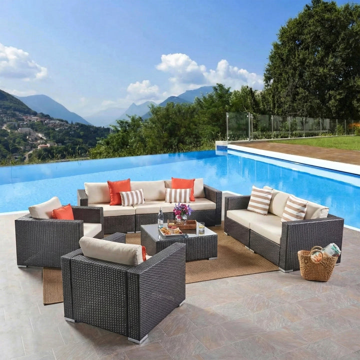 Torino Outdoor Garden Balcony Sofa Set 3 Seater, 2 Seater With 2 Single Seater and 1 Center Table With 1 Side Table Set (Brown)