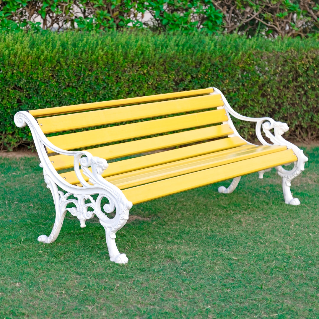 Pryce Cast Iron 3 Seater FRP Garden Bench for Outdoor Park - (White + Yellow)