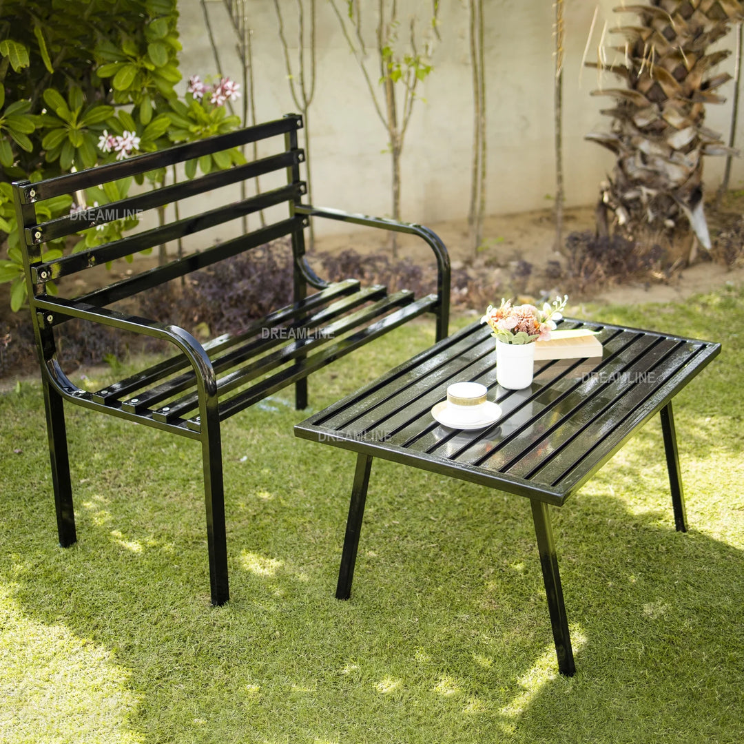 Carrillo Metal 2 Seater and 1 Table Garden Bench for Outdoor Park - (Black)