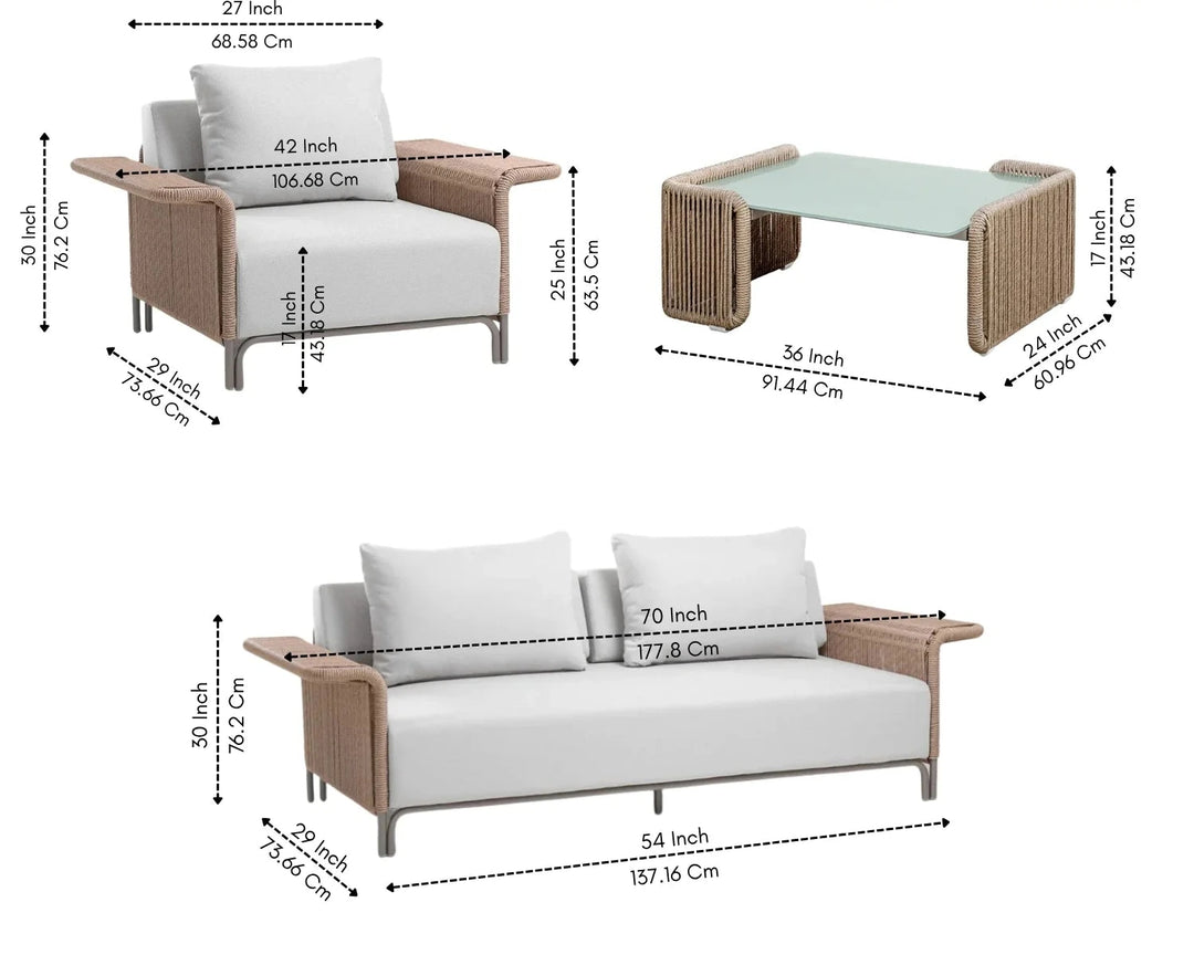 Parlak Outdoor Garden Balcony Sofa Set 2 Seater, 2 Single seater and 1 Center Table  Set (Beige) Braided & Rope