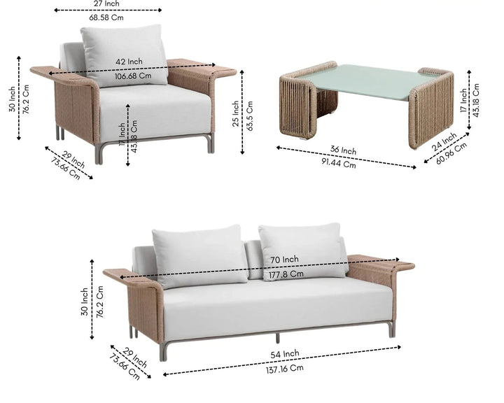 Parlak Outdoor Garden Balcony Sofa Set 2 Seater, 2 Single seater and 1 Center Table  Set (Beige) Braided & Rope