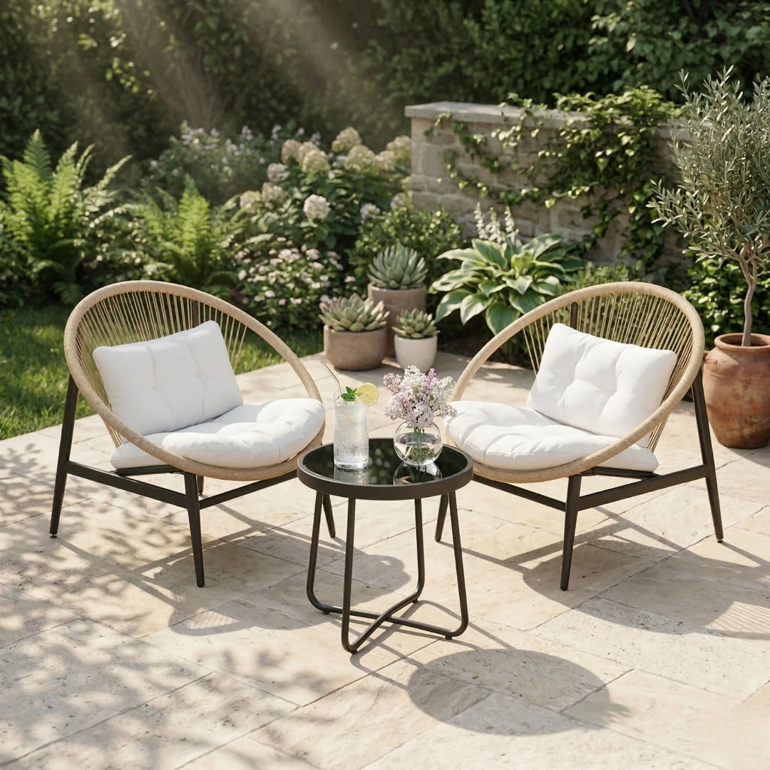 Nieve Outdoor Patio Seating Set 2 Chairs and 1 Table Set (Honey) Braided & Rope