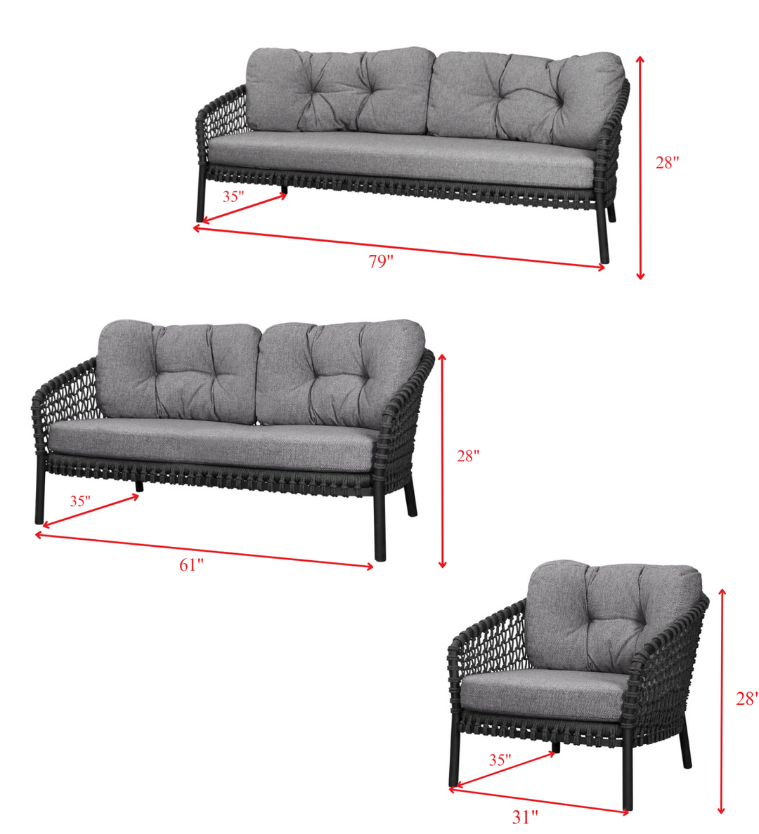 Costa Outdoor Garden Balcony Sofa Set 3 Seater , 2 Seater, 1 Single Seater 1 Side Table and 1 Center Table Set (Grey)