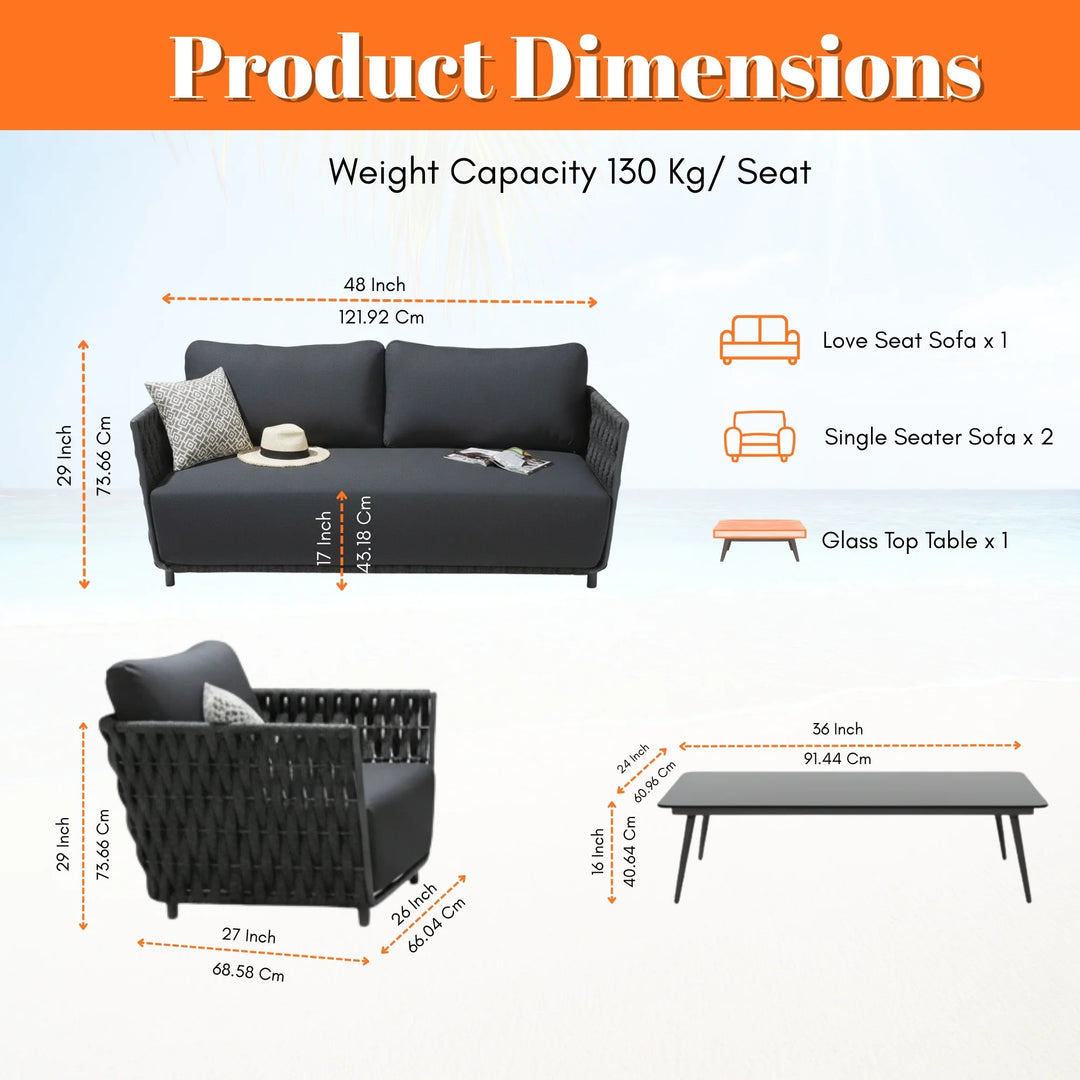Vanyr Outdoor Garden Balcony Sofa Set 2 Seater , 2 Single Seater 1 Center Table Set (Black) Braided and Rope