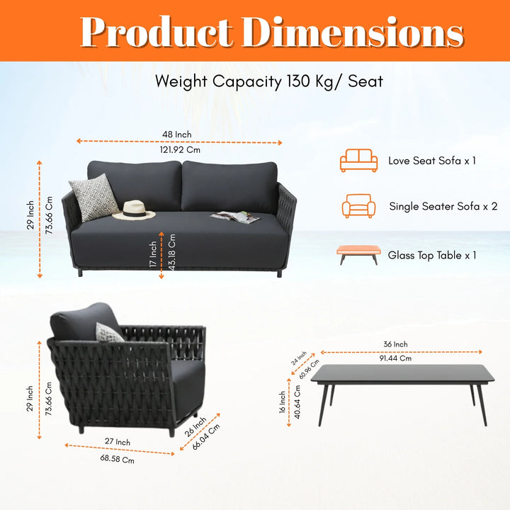 Vanyr Outdoor Garden Balcony Sofa Set 2 Seater , 2 Single Seater 1 Center Table Set (Black) Braided and Rope