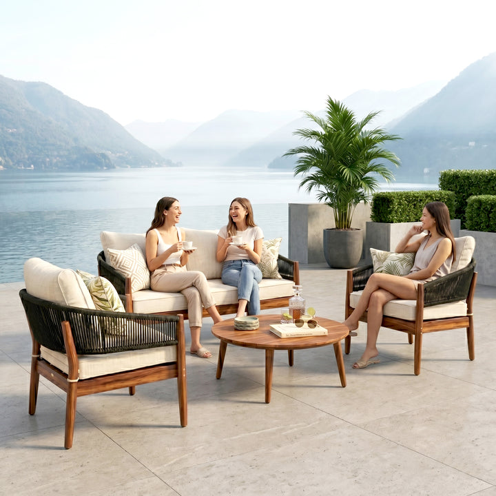 Biro Outdoor Garden Balcony Sofa Set 2 Seater , 2 Single Seater 1 Center Table Set (Black) Braided and Rope