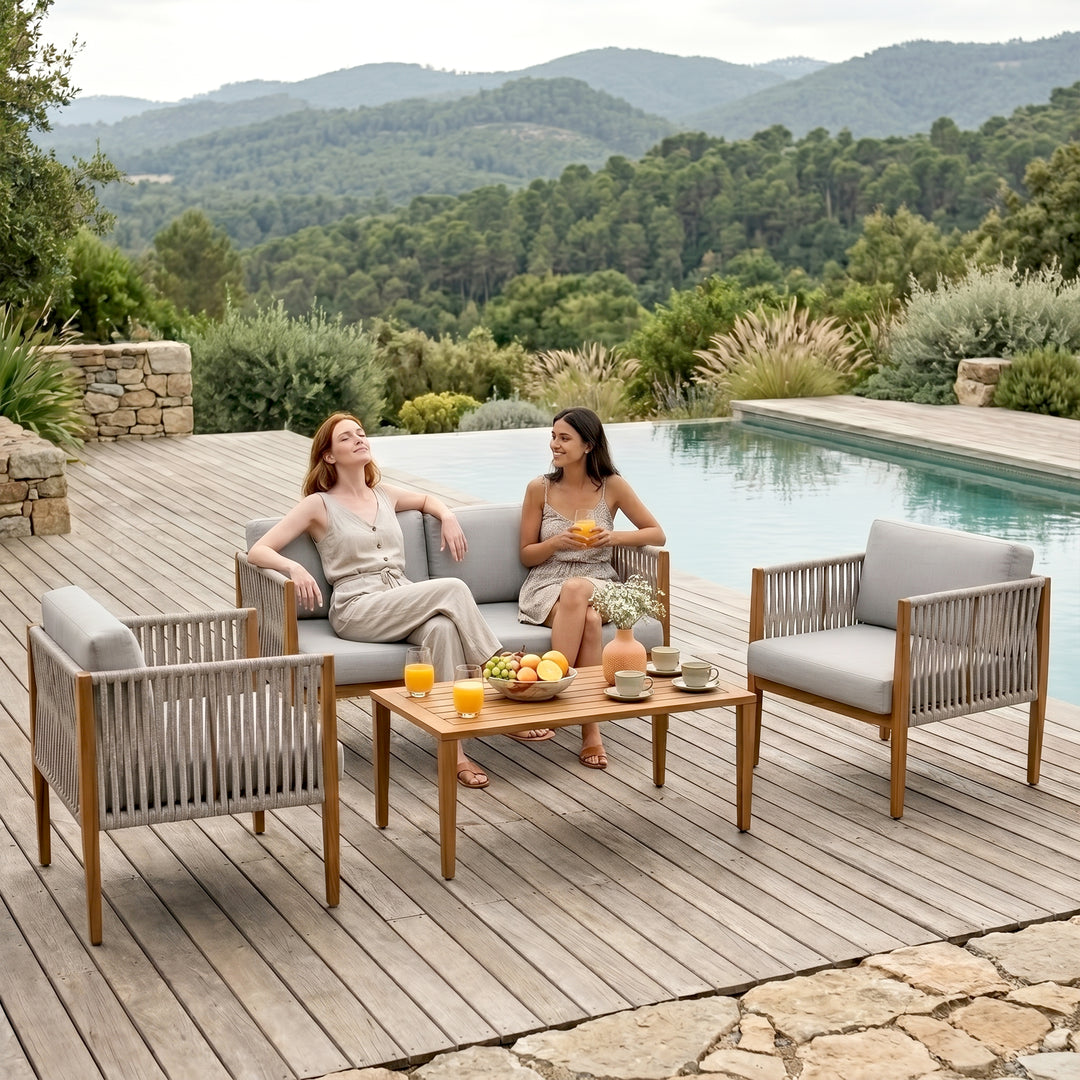 Luna Outdoor Garden Balcony Sofa Set 2 Seater , 2 Single Seater 1 Center Table Set (Grey) Braided and Rope