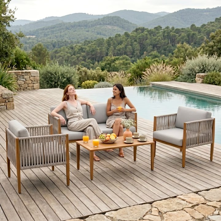 Luna Outdoor Garden Balcony Sofa Set 2 Seater , 2 Single Seater 1 Center Table Set (Grey) Braided and Rope