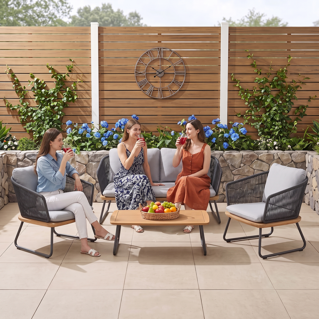 Reevo Outdoor Garden Balcony Sofa Set 2 Seater , 2 Single Seater 1 Center Table Set (Dark Grey) Braided and Rope