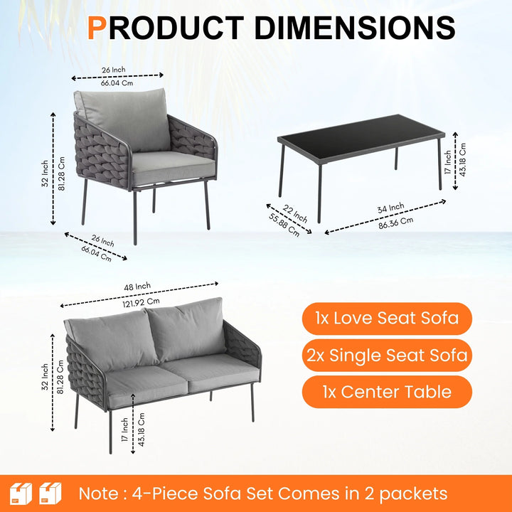 Mirra Outdoor Garden Balcony Sofa Set 2 Seater , 2 Single Seater 1 Center Table Set (Grey) Braided and Rope