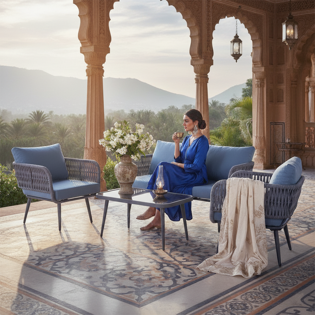 Polari Outdoor Garden Balcony Sofa Set 2 Seater , 2 Single Seater 1 Center Table Set (Grey) Braided and Rope