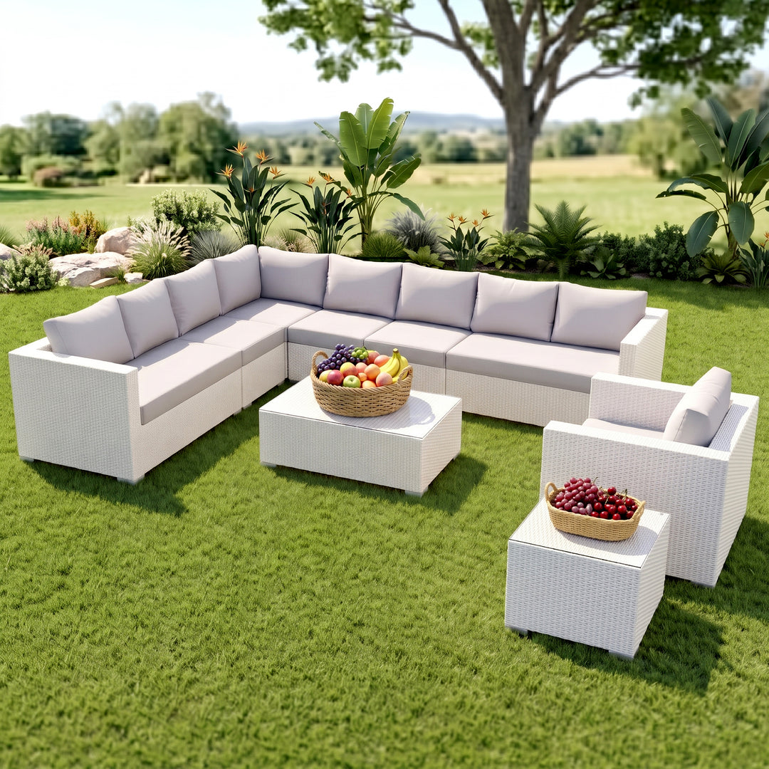 Ulva Outdoor Sofa Set 8 Seater , Single Seater and 2 Center Table Set (White)