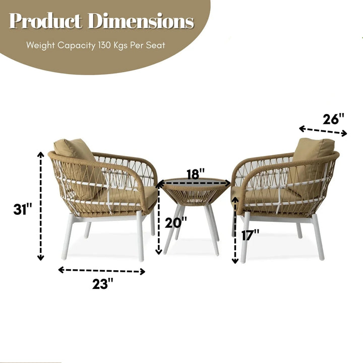 Casias Outdoor Patio Seating Set 2 Chairs and 1 Table Set (Beige) Braided And Rope