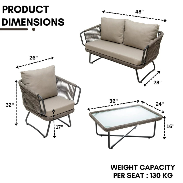 Pinon Outdoor Garden Balcony Sofa Set 2 Seater , 2 Single Seater 1 Center Table Set (Beige) Braided and Rope