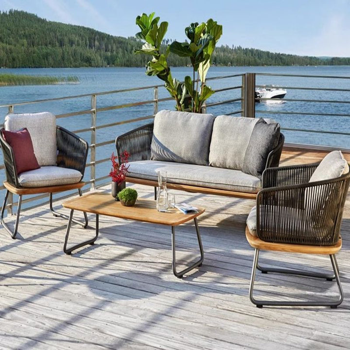 Reevo Outdoor Garden Balcony Sofa Set 2 Seater , 2 Single Seater 1 Center Table Set (Dark Grey) Braided and Rope