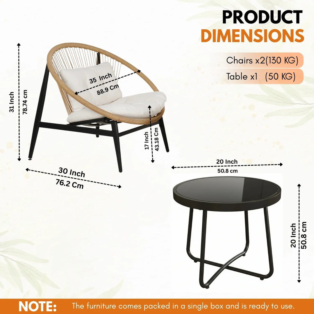 Nieve Outdoor Patio Seating Set 2 Chairs and 1 Table Set (Honey) Braided & Rope