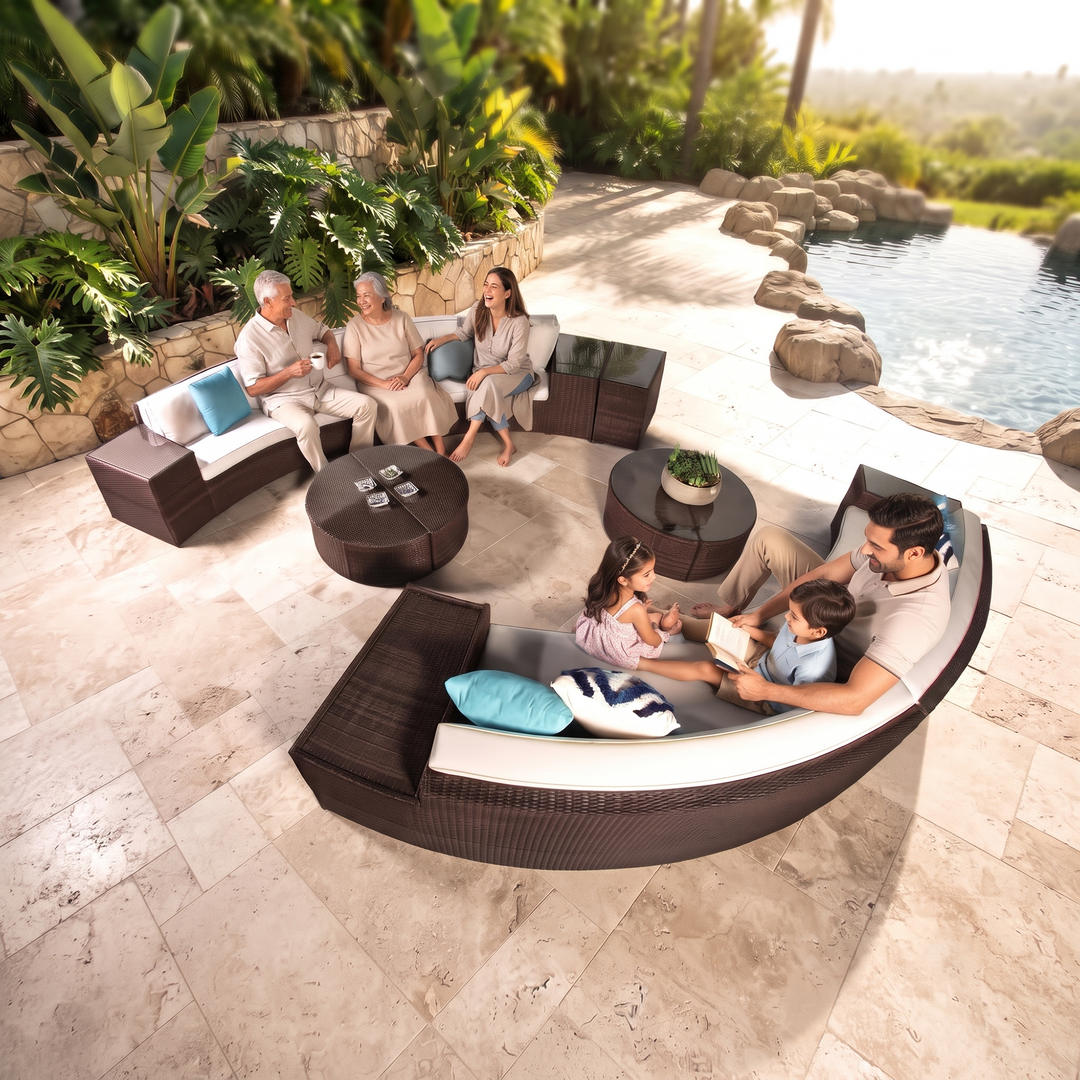 Rossi Outdoor Patio Round Sofa Set 8 Seater , 1 Side table and 2 Center Table (Brown)