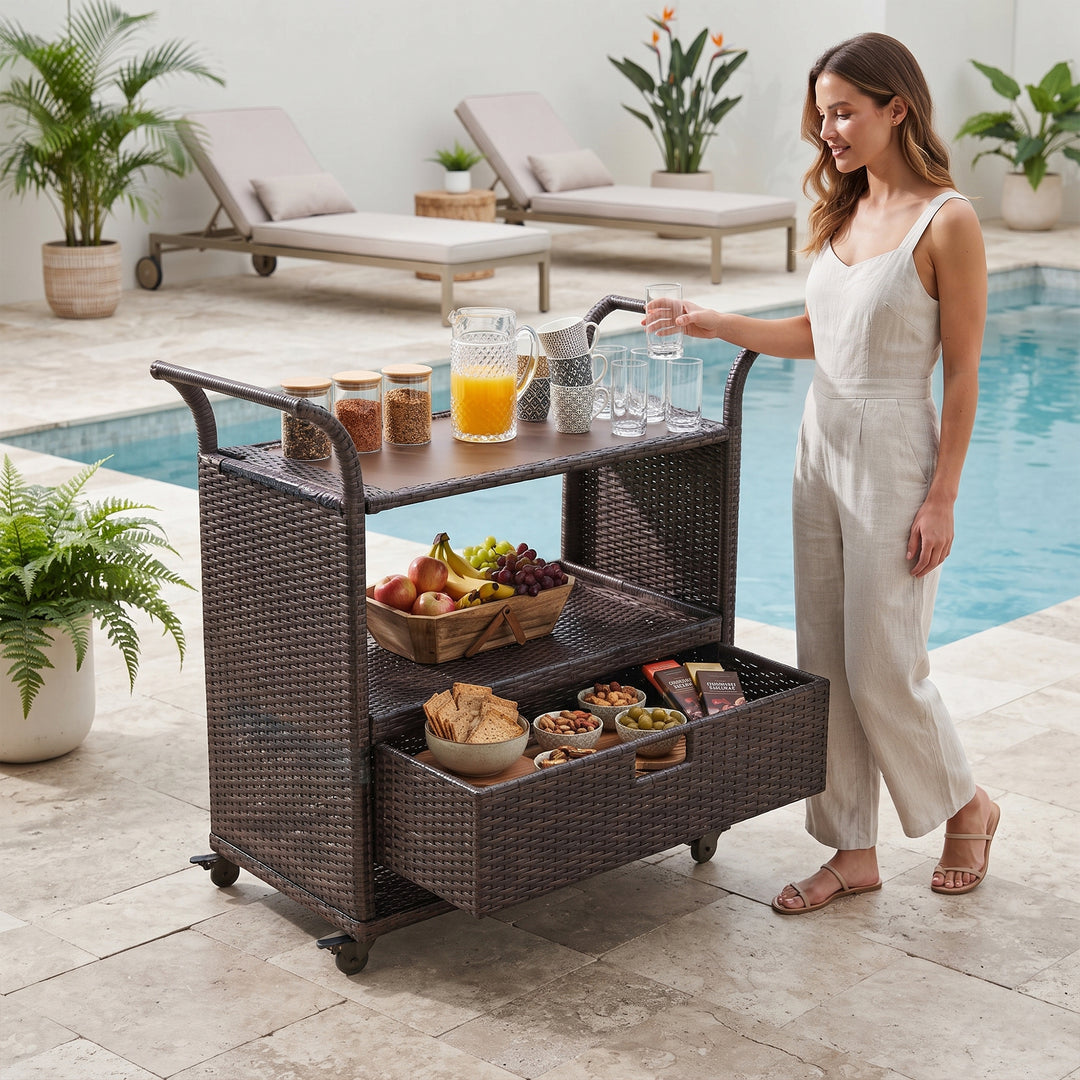 KNOX Outdoor Patio Bar Serving Cart (Dark Brown)