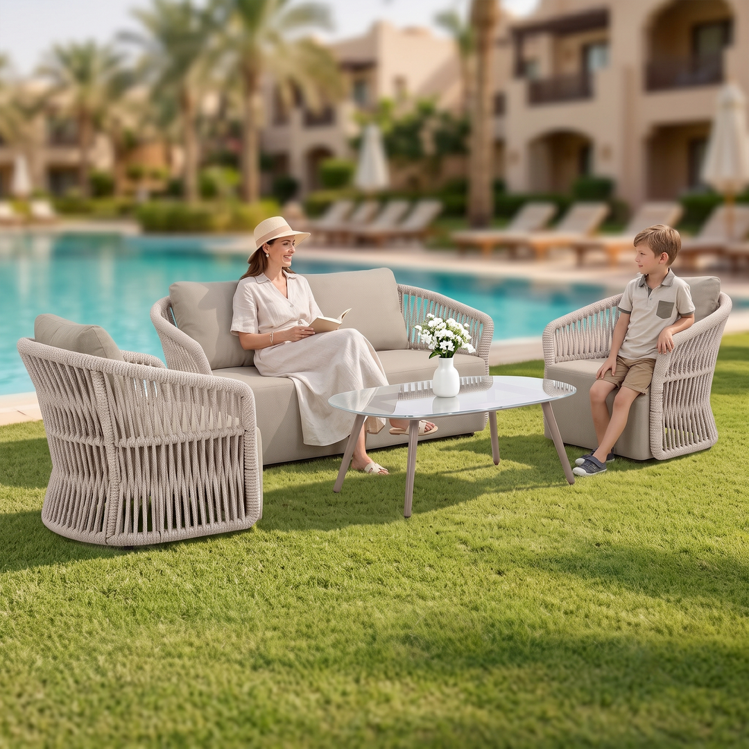 Thoma Outdoor Garden Balcony Sofa Set 2 Seater , 2 Single Seater 1 Center Table Set, Braid & Rope