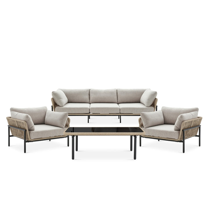Arturo Outdoor Garden Balcony Sofa Set 3 Seater , 2 Single Seater and 1 Center Table Set Braid & Rope (Beige)