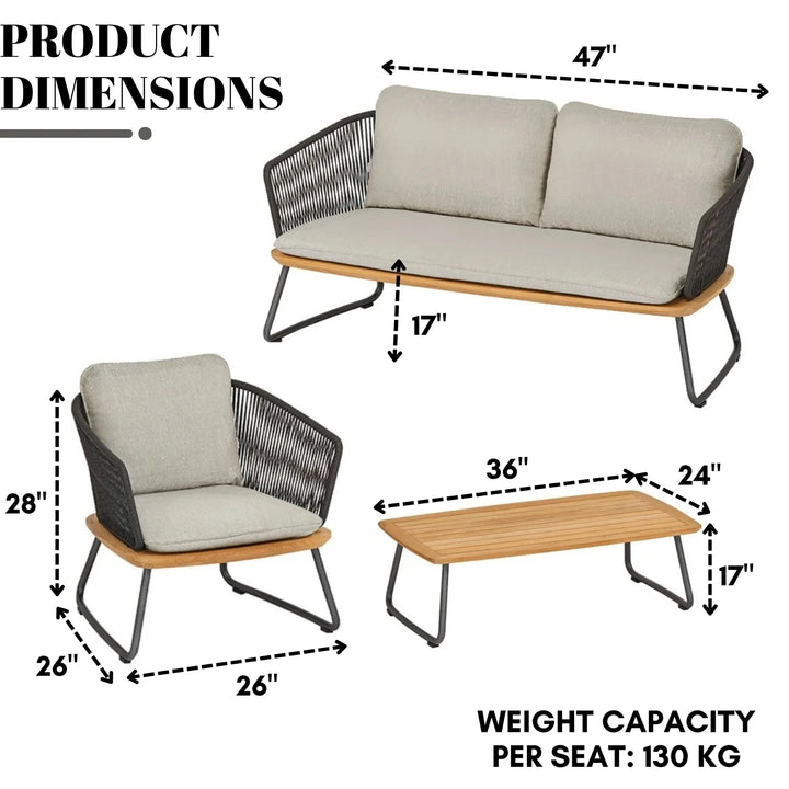 Reevo Outdoor Garden Balcony Sofa Set 2 Seater , 2 Single Seater 1 Center Table Set (Dark Grey) Braided and Rope