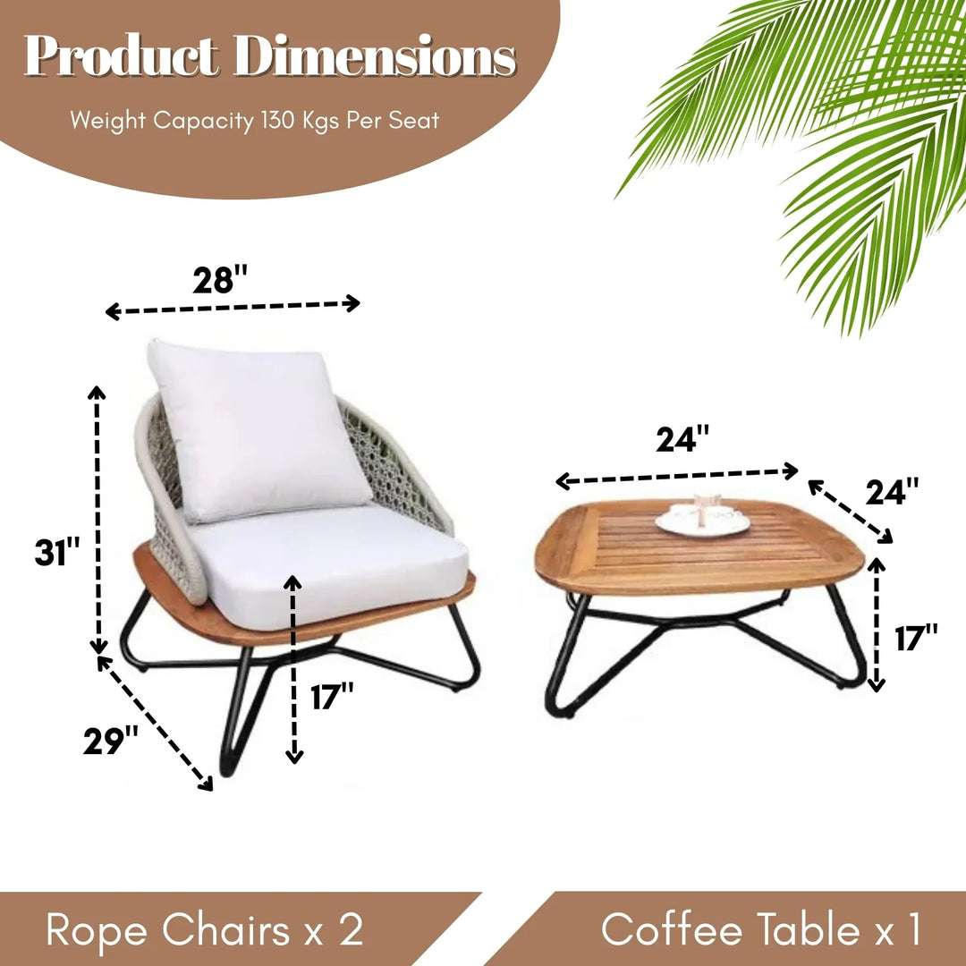Noa Outdoor Patio Seating Set 2 Chairs and 1 Table Set (White) Braided And Rope