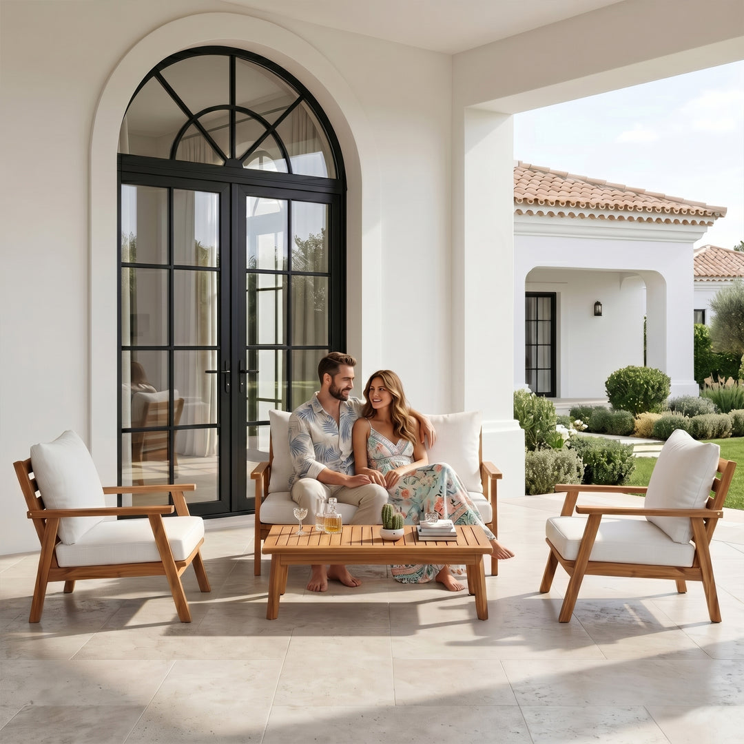 Terra Outdoor Garden Balcony Sofa Set 2 Seater , 2 Single Seater 1 Center Table Set (White) Teak Wood and Braided & Rope