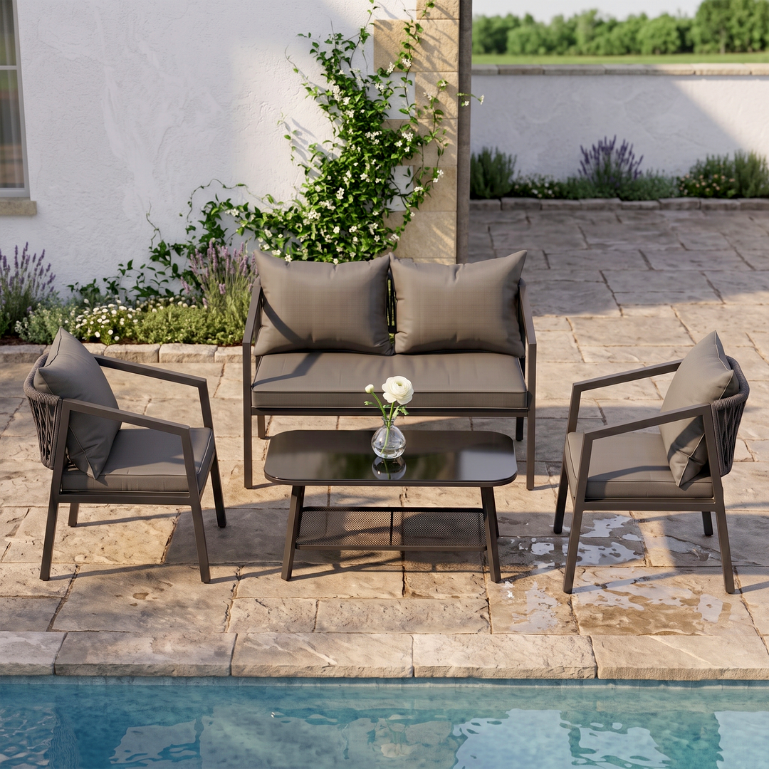 Siti Outdoor Garden Balcony Sofa Set 2 Seater , 2 Single Seater 1 Center Table Set (Black) Braided and Rope