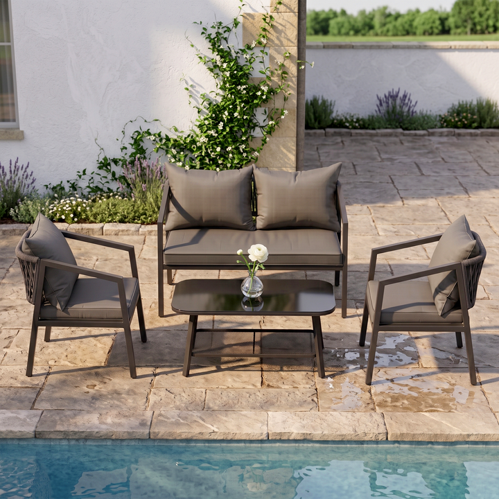 Siti Outdoor Garden Balcony Sofa Set 2 Seater , 2 Single Seater 1 Center Table Set (Black) Braided and Rope