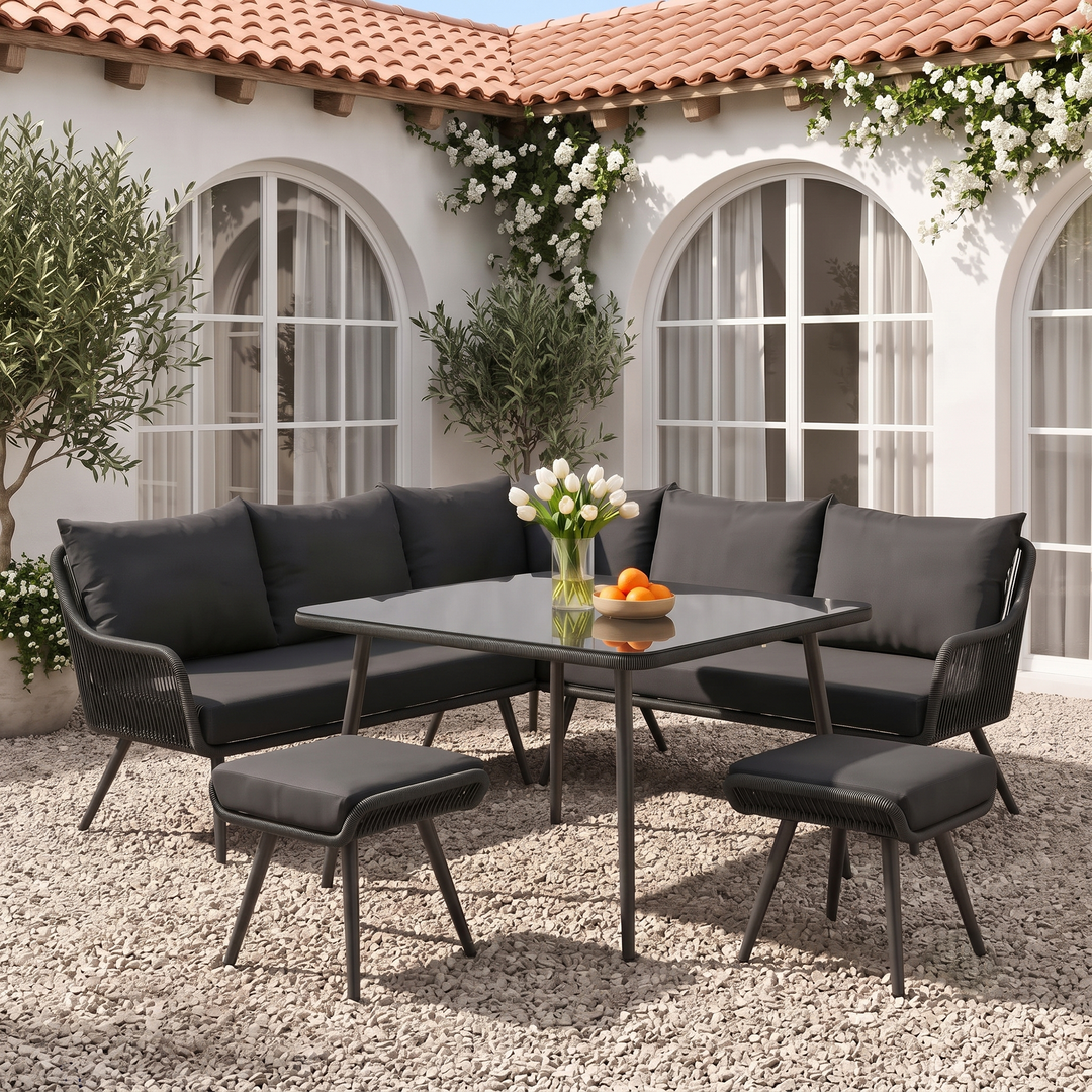 Stash Outdoor Garden Balcony Sofa Set 5 Seater  and 1 Center Table With 2 Ottoman Set (Beige)