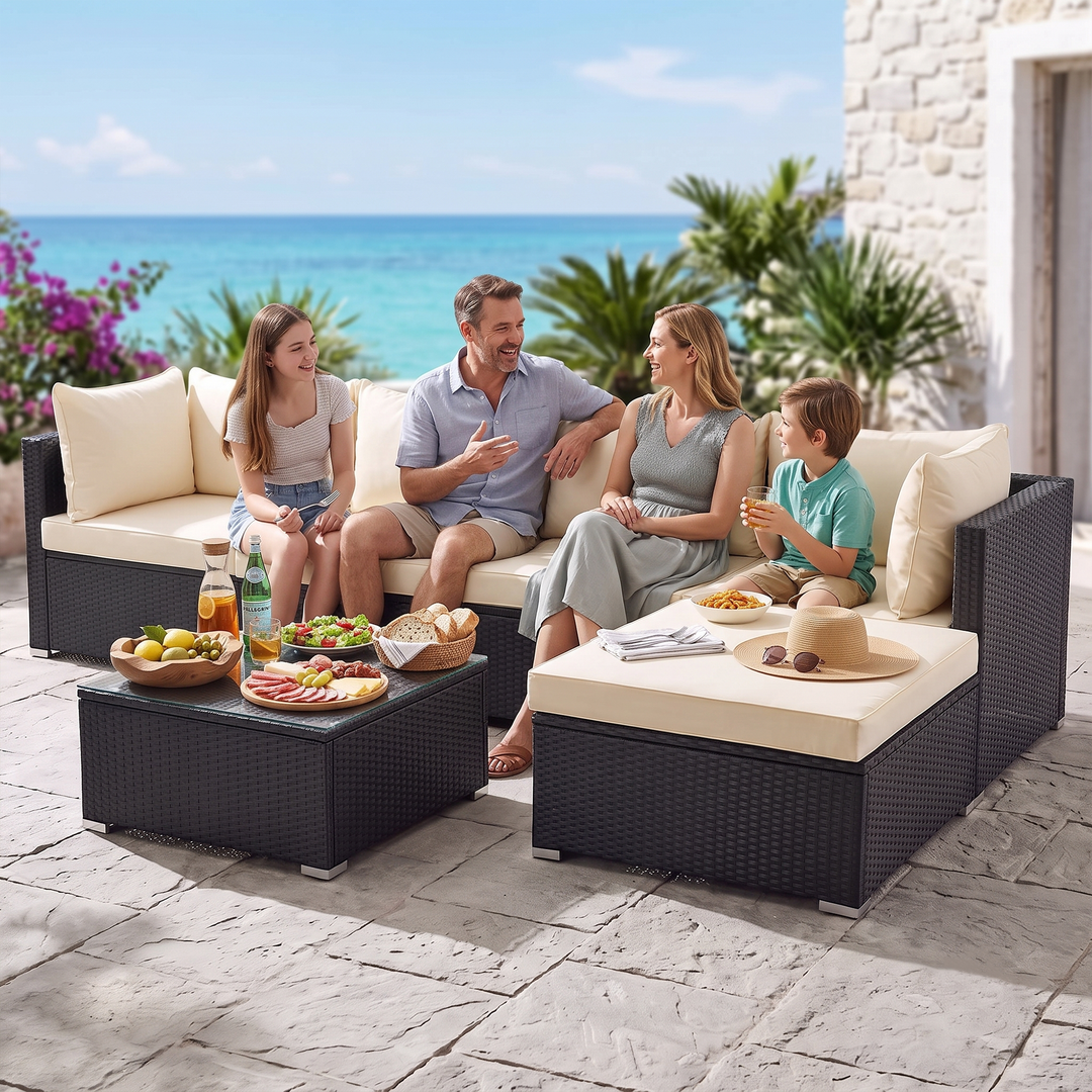 Ollie Outdoor Patio Sofa Set 4 Seater and 1 Table With 1 Ottoman Set (Black + Cream)