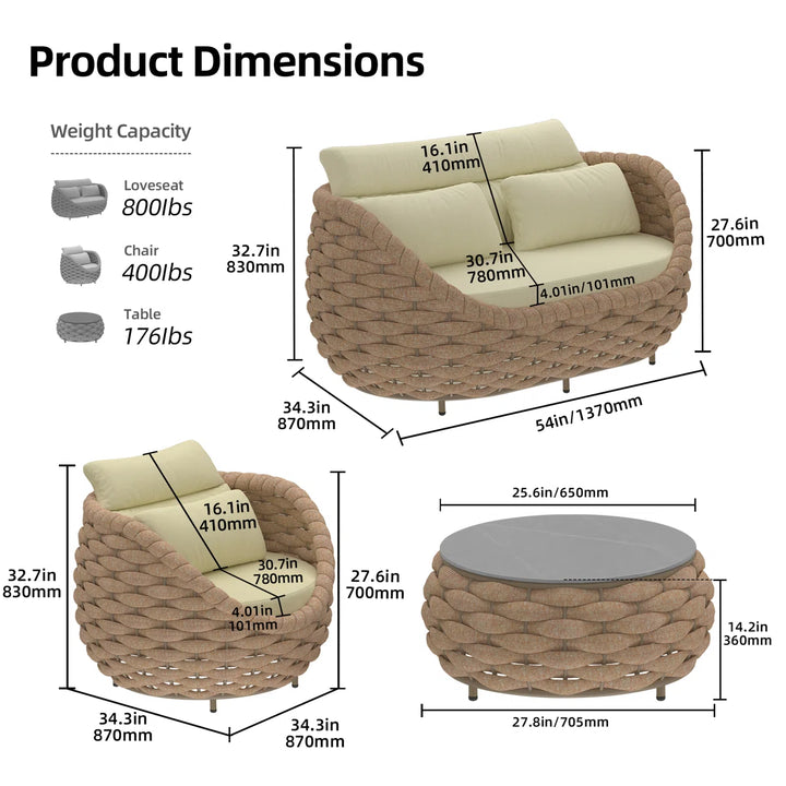 Equo Outdoor Sofa Set 2 Seater, 2 Single seater and 1 Center Table Braided & Rope