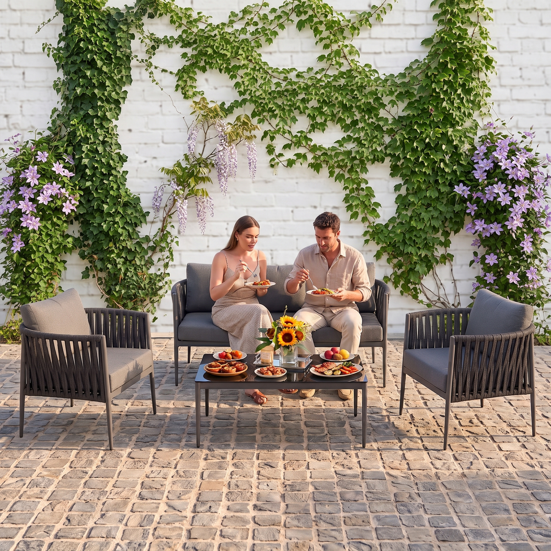 Pablo Outdoor Garden Balcony Sofa Set 3 Seater, 2 Single seater and 1 Table Set Braid & Rope (Dark Grey)