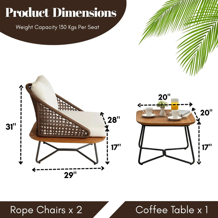 Ceana Outdoor Patio Seating Set 2 Chairs and 1 Table Set (Brown) Braided And Rope