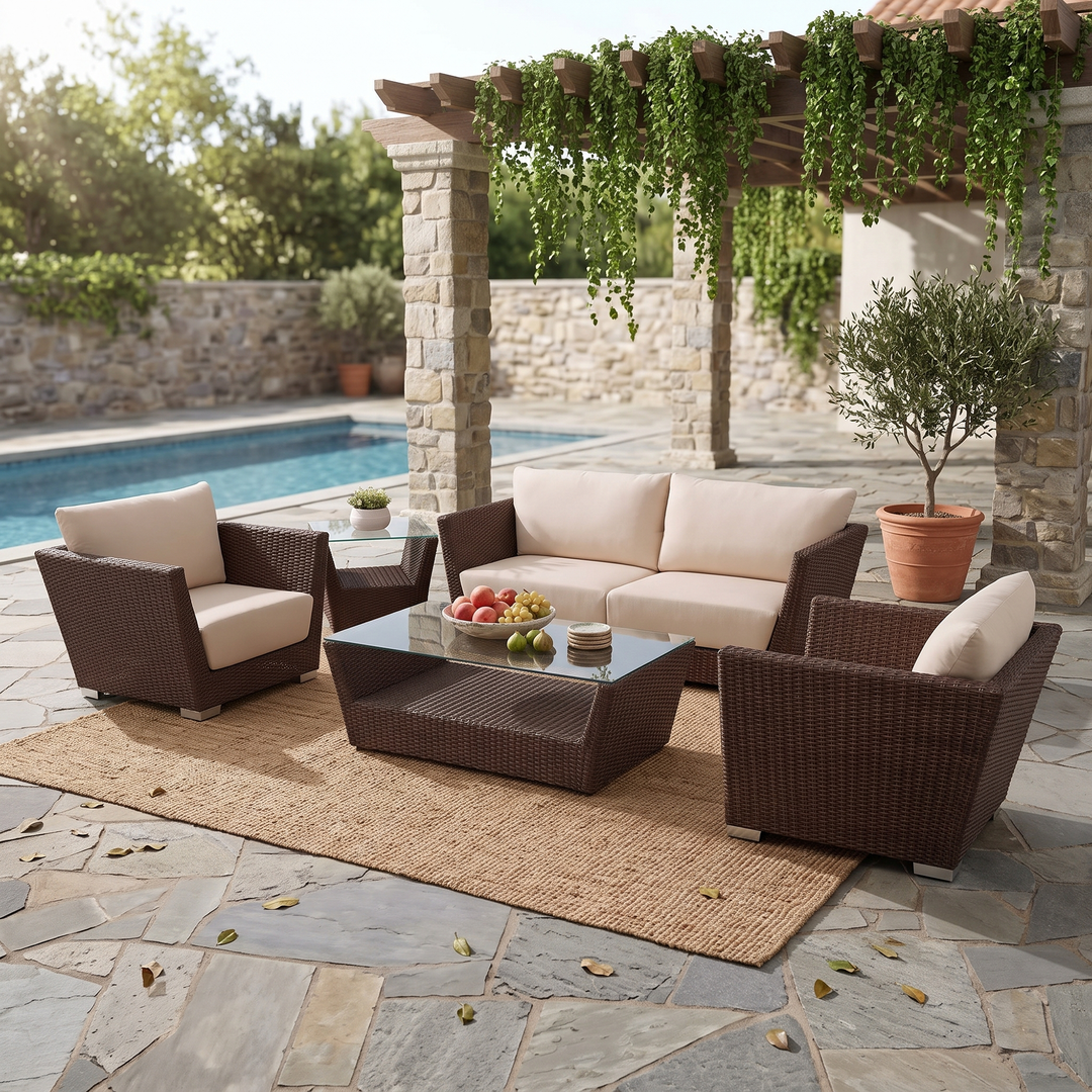 Reflin Outdoor Garden Balcony Sofa Set 2 Seater , 2 Single Seater and 1 Center Table With 1 Side Table Set (Brown + Beige)
