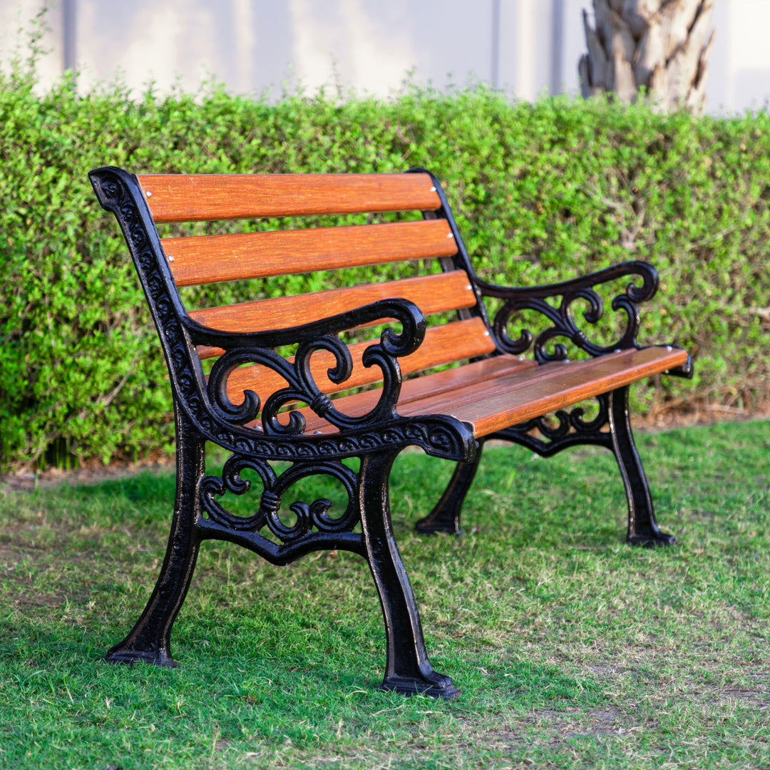 Lynn Cast Iron 3 Seater FRP Garden Bench for Outdoor Park - (Black+ Wooden Texture)