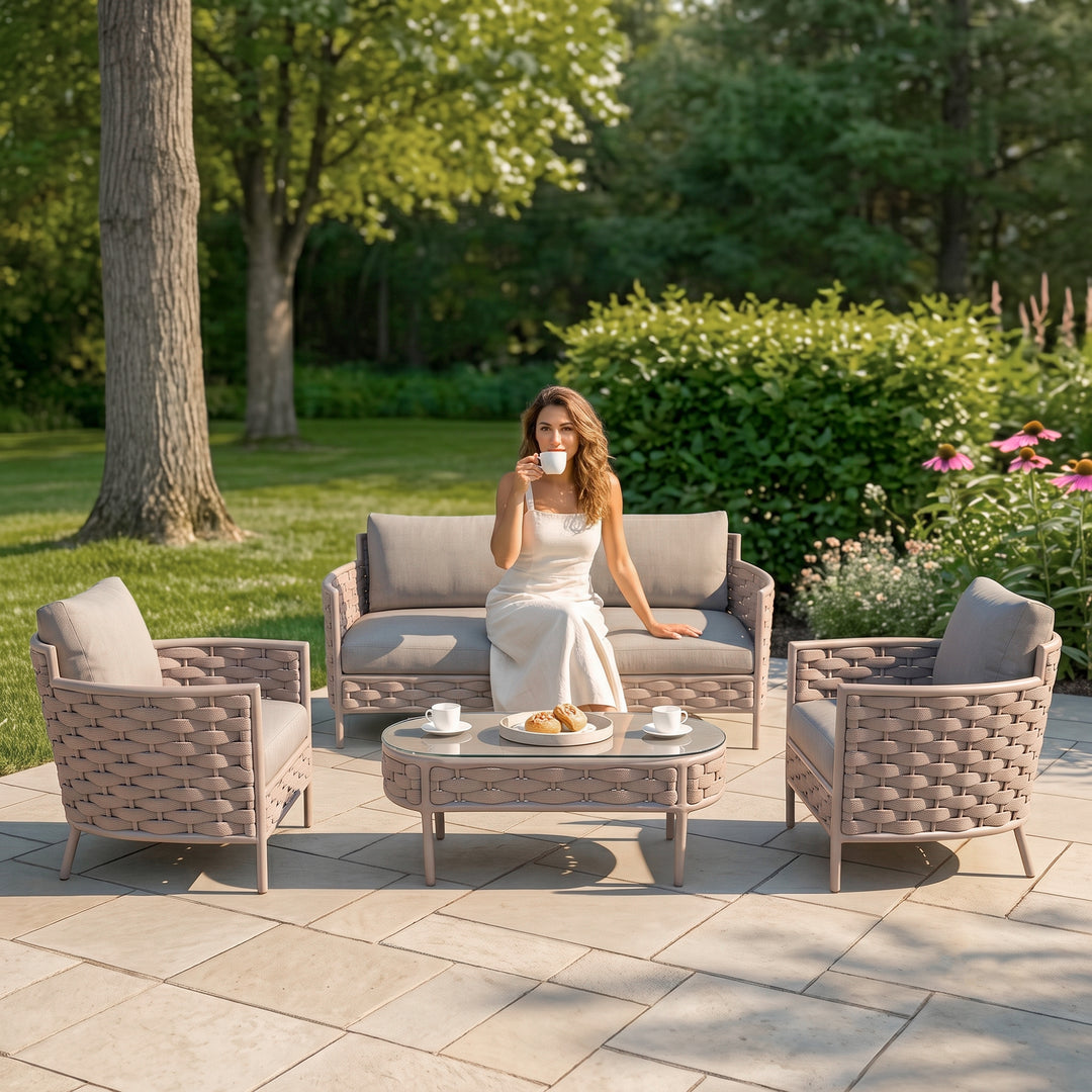 Nivio Outdoor Garden Balcony Sofa Set 2 Seater, 2 Single seater and 1 Center Table Set ( Biege) Braid & Rope